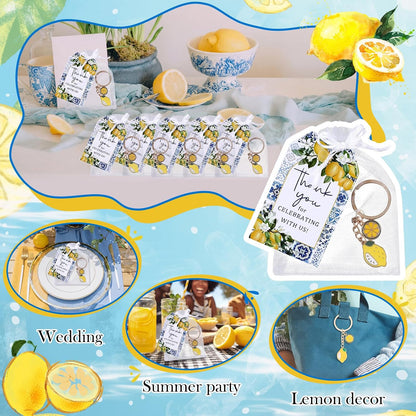 24 Sets Capri Lemon Keychain Party Favors with Thank You Cards & Organza Bags for Birthday Summer Wedding Baby Shower Return Gifts Mediterranean Style Italian Lemon