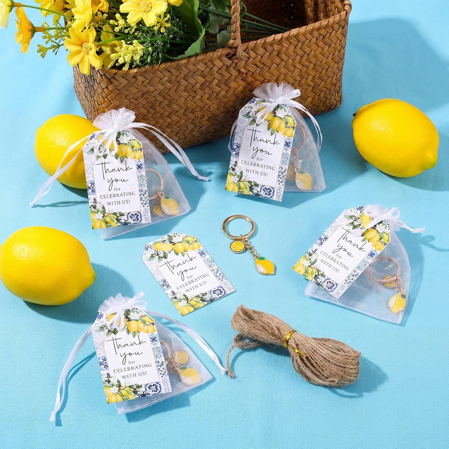 24 Sets Capri Lemon Keychain Party Favors with Thank You Cards & Organza Bags for Birthday Summer Wedding Baby Shower Return Gifts Mediterranean Style Italian Lemon