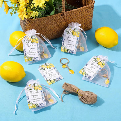 24 Sets Capri Lemon Keychain Party Favors with Thank You Cards & Organza Bags for Birthday Summer Wedding Baby Shower Return Gifts Mediterranean Style Italian Lemon