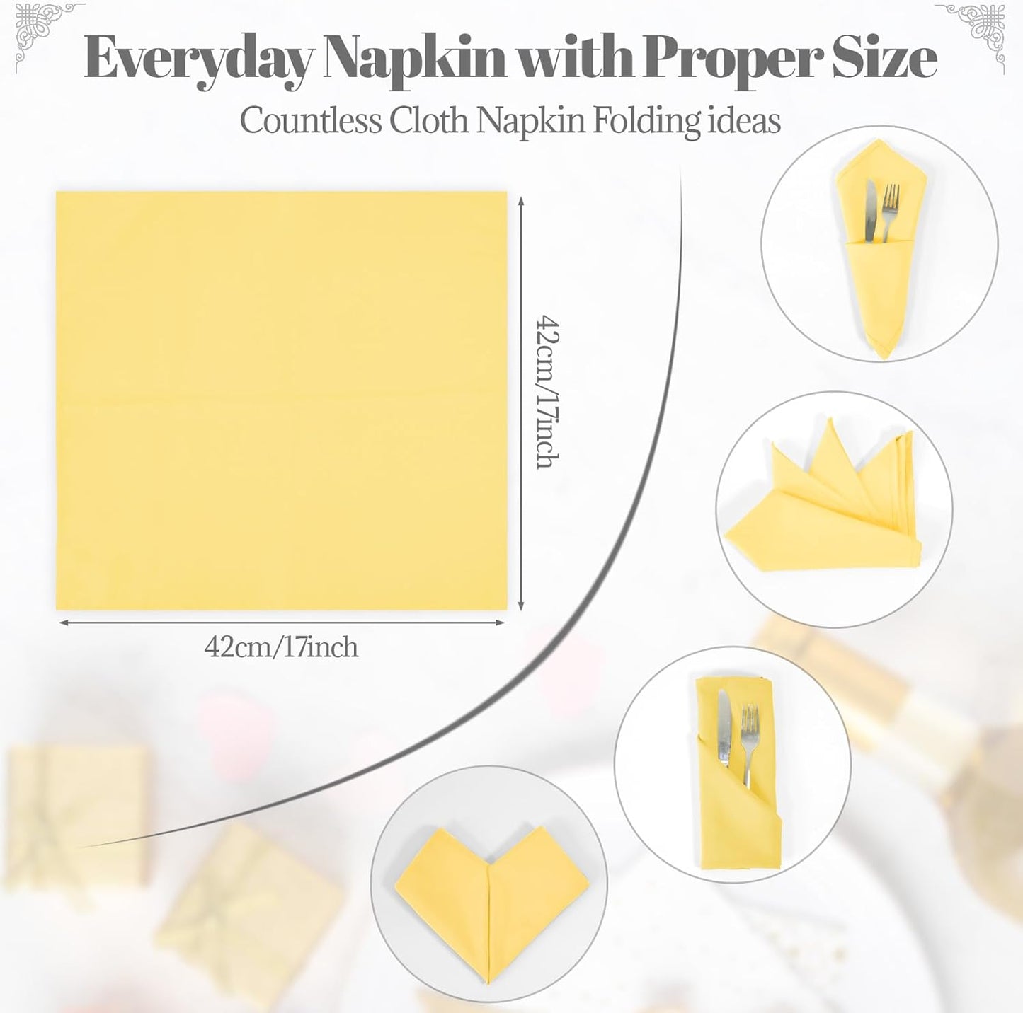 Yellow Heavy Duty Cloth Napkins - 17 x 17 Inch Solid Washable Polyester Dinner Napkins - Set of 8 Napkins with Hemmed Edges - Great for Weddings, Parties, Banquets Dinner & More