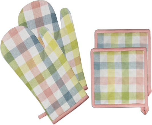 Oven Mitt and Pot Holder Set - Gingham Buffalo Check 2 Oven Mitts 2 Pot Holders Set - Easter Spring Cotton Extra Long Mitt - Insulated Heat Resistant Quilted Kitchen Glove - Yellow Multi