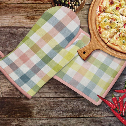 Oven Mitt and Pot Holder Set - Gingham Buffalo Check 2 Oven Mitts 2 Pot Holders Set - Easter Spring Cotton Extra Long Mitt - Insulated Heat Resistant Quilted Kitchen Glove - Yellow Multi