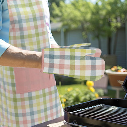 Oven Mitt and Pot Holder Set - Gingham Buffalo Check 2 Oven Mitts 2 Pot Holders Set - Easter Spring Cotton Extra Long Mitt - Insulated Heat Resistant Quilted Kitchen Glove - Yellow Multi