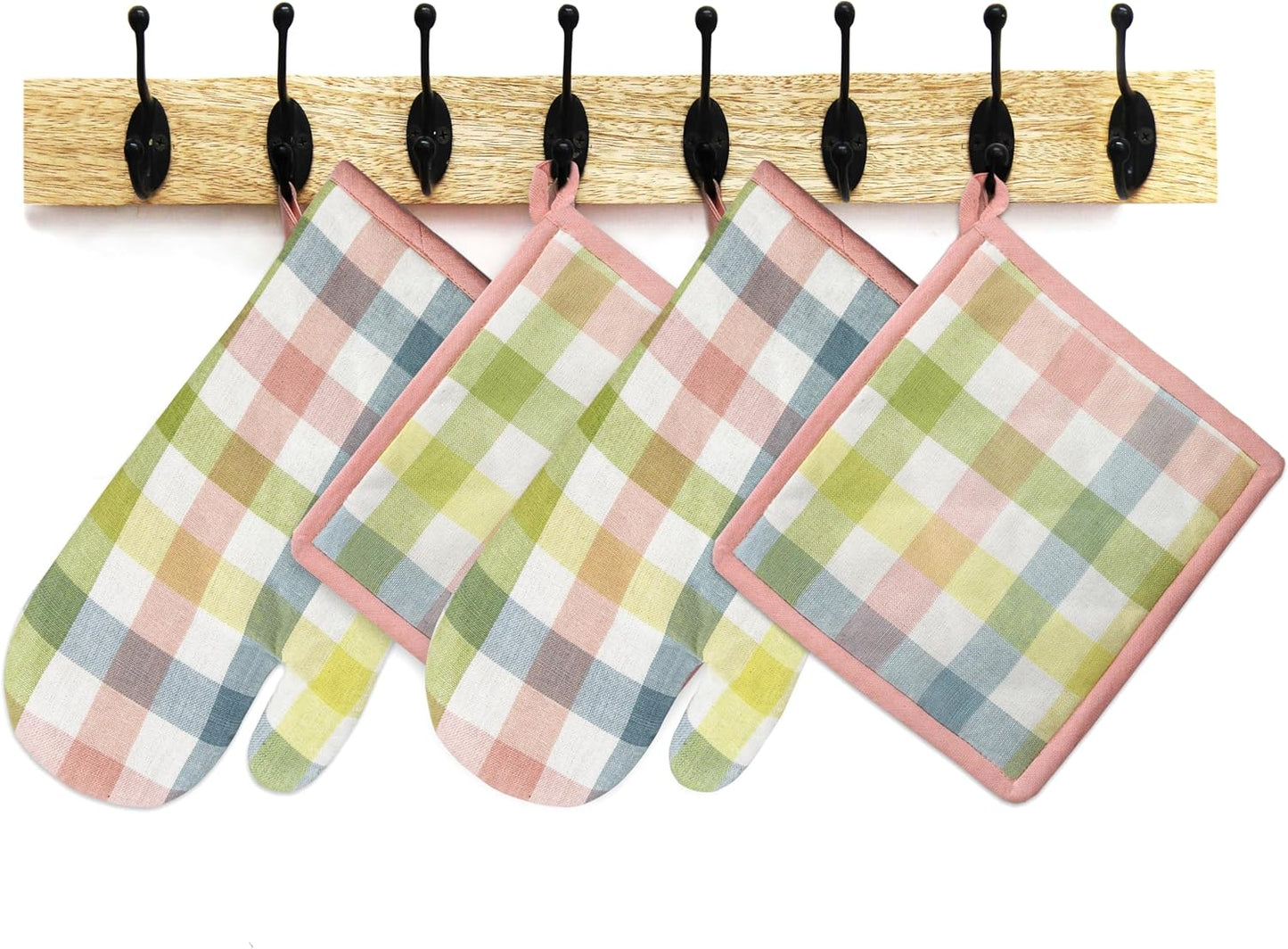 Oven Mitt and Pot Holder Set - Gingham Buffalo Check 2 Oven Mitts 2 Pot Holders Set - Easter Spring Cotton Extra Long Mitt - Insulated Heat Resistant Quilted Kitchen Glove - Yellow Multi