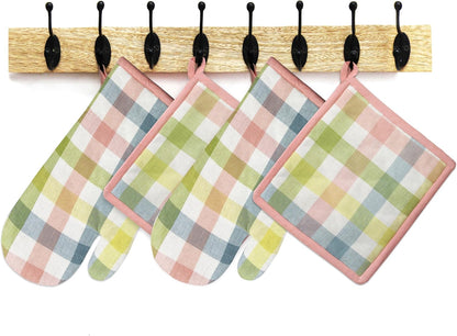 Oven Mitt and Pot Holder Set - Gingham Buffalo Check 2 Oven Mitts 2 Pot Holders Set - Easter Spring Cotton Extra Long Mitt - Insulated Heat Resistant Quilted Kitchen Glove - Yellow Multi