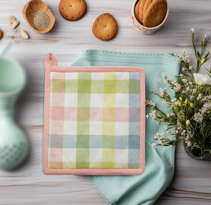 Oven Mitt and Pot Holder Set - Gingham Buffalo Check 2 Oven Mitts 2 Pot Holders Set - Easter Spring Cotton Extra Long Mitt - Insulated Heat Resistant Quilted Kitchen Glove - Yellow Multi