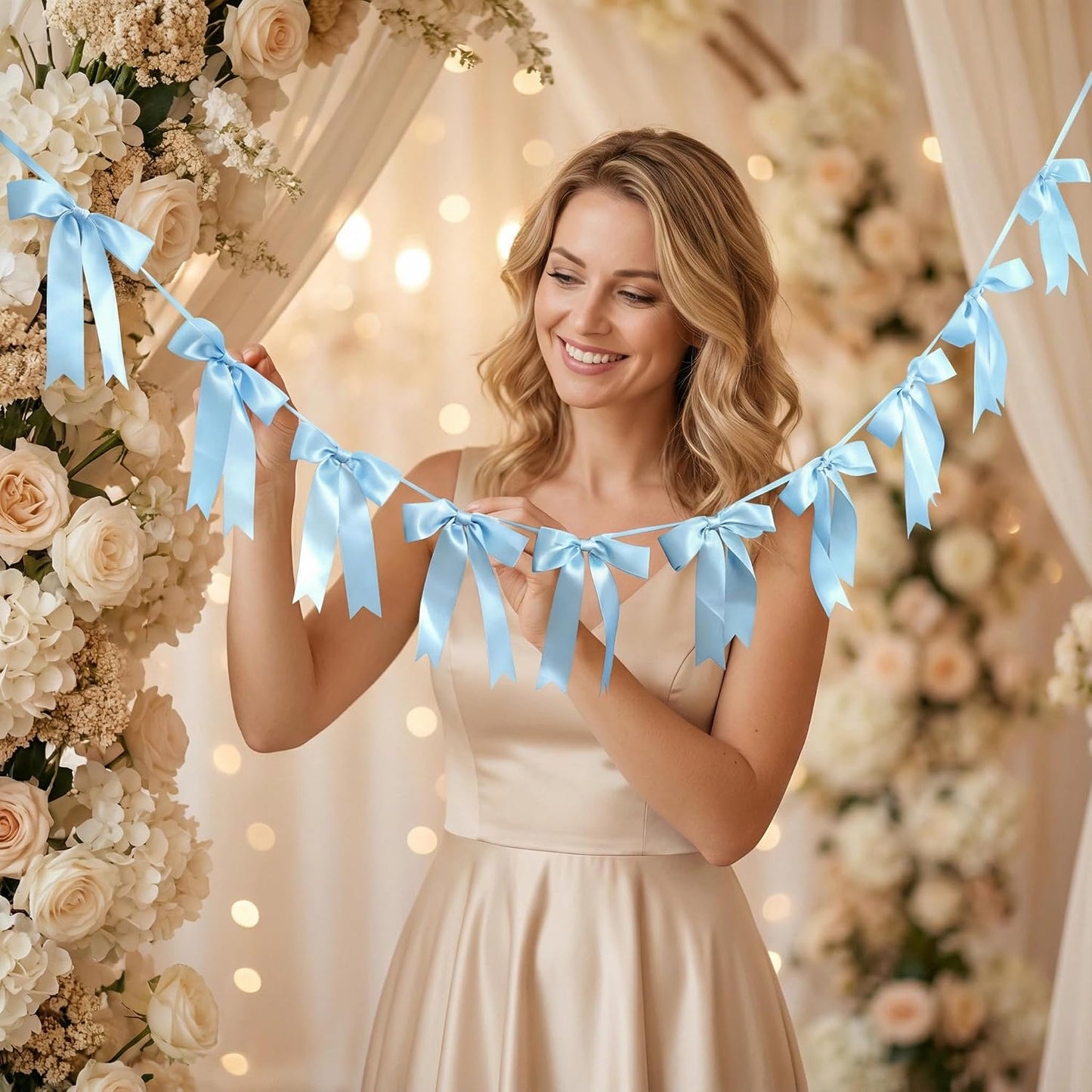 Bow Garland Banner - 10Pcs Pre-Strung Satin Bows for Baby Shower, Birthday, Bridal Shower, Wedding Party Decorations (Yellow)