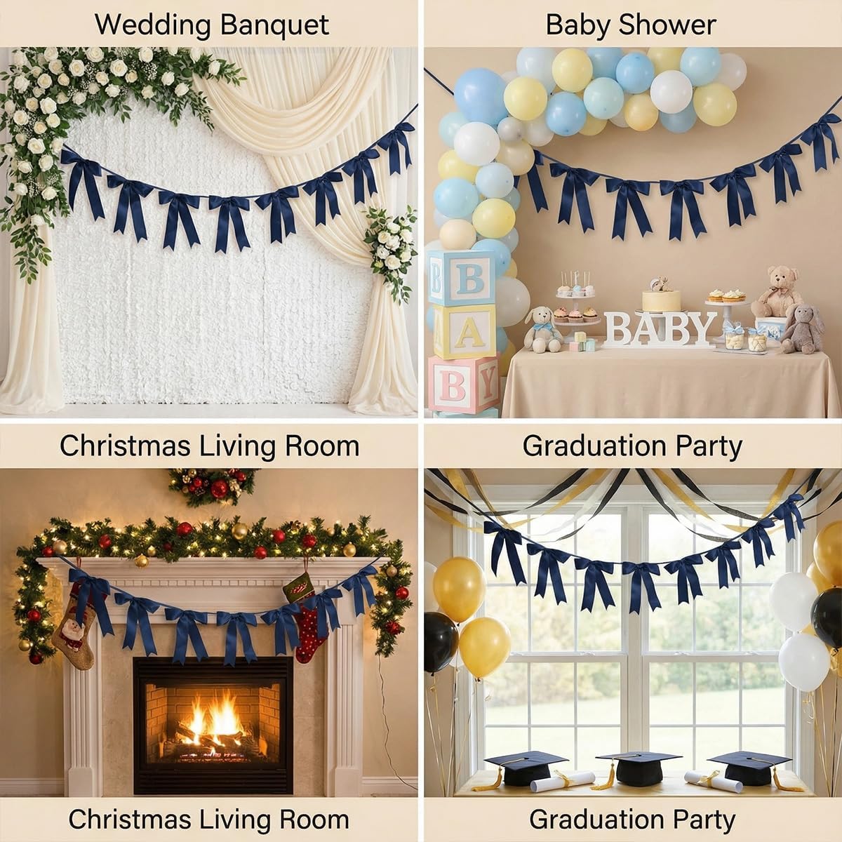 Bow Garland Banner - 10Pcs Pre-Strung Satin Bows for Baby Shower, Birthday, Bridal Shower, Wedding Party Decorations (Yellow)