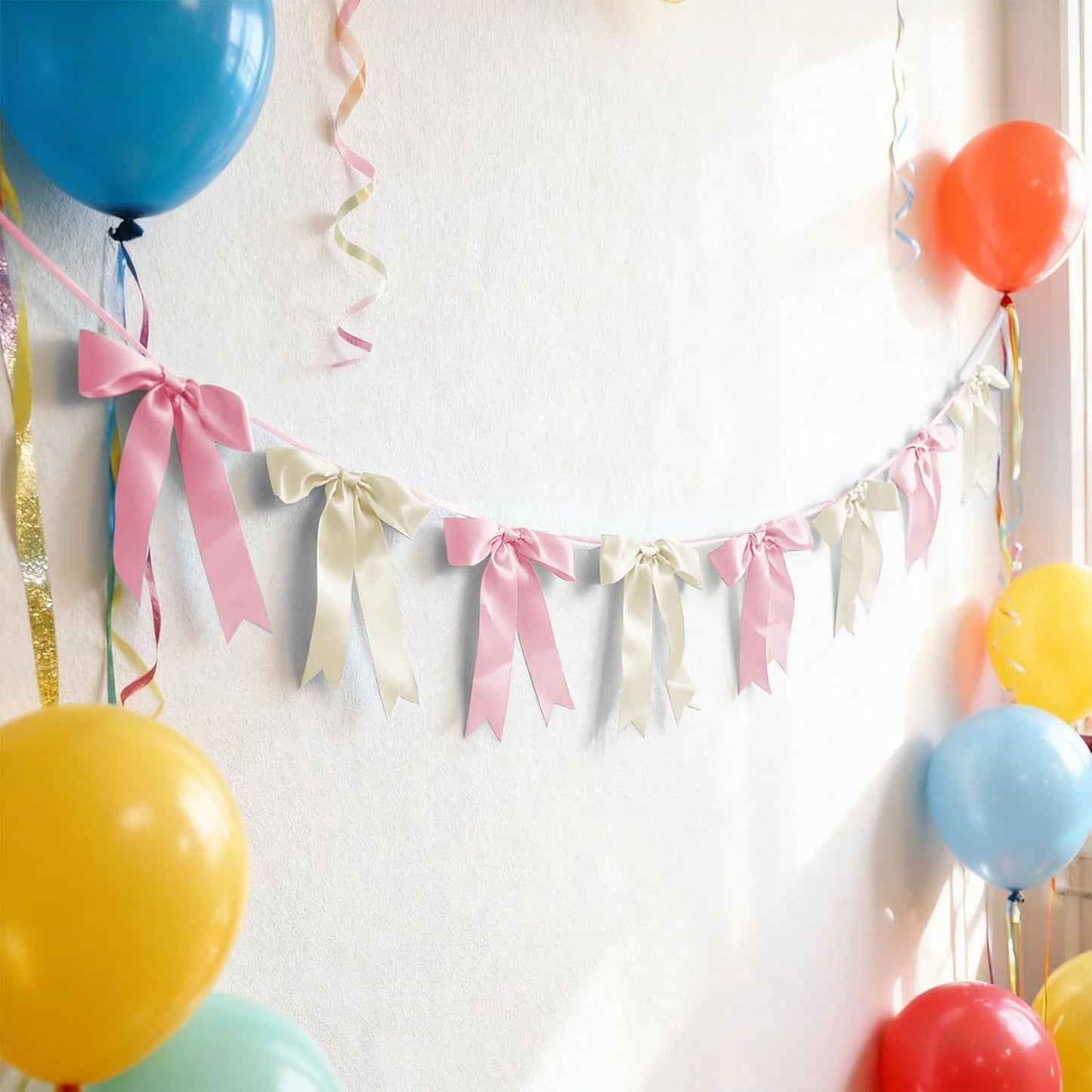 Bow Garland Banner - 10Pcs Pre-Strung Satin Bows for Baby Shower, Birthday, Bridal Shower, Wedding Party Decorations (Yellow)