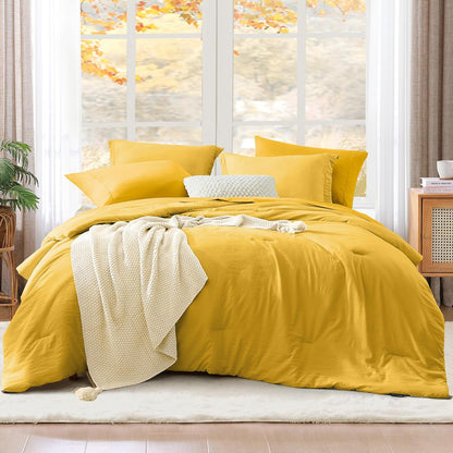 Queen Comforter Set-7 Pieces Soft Prewashed Bed in a Bag Queen Bedding Sets | All Season Comforter with Sheets, Pillow Shams & Pillowcases,Yellow