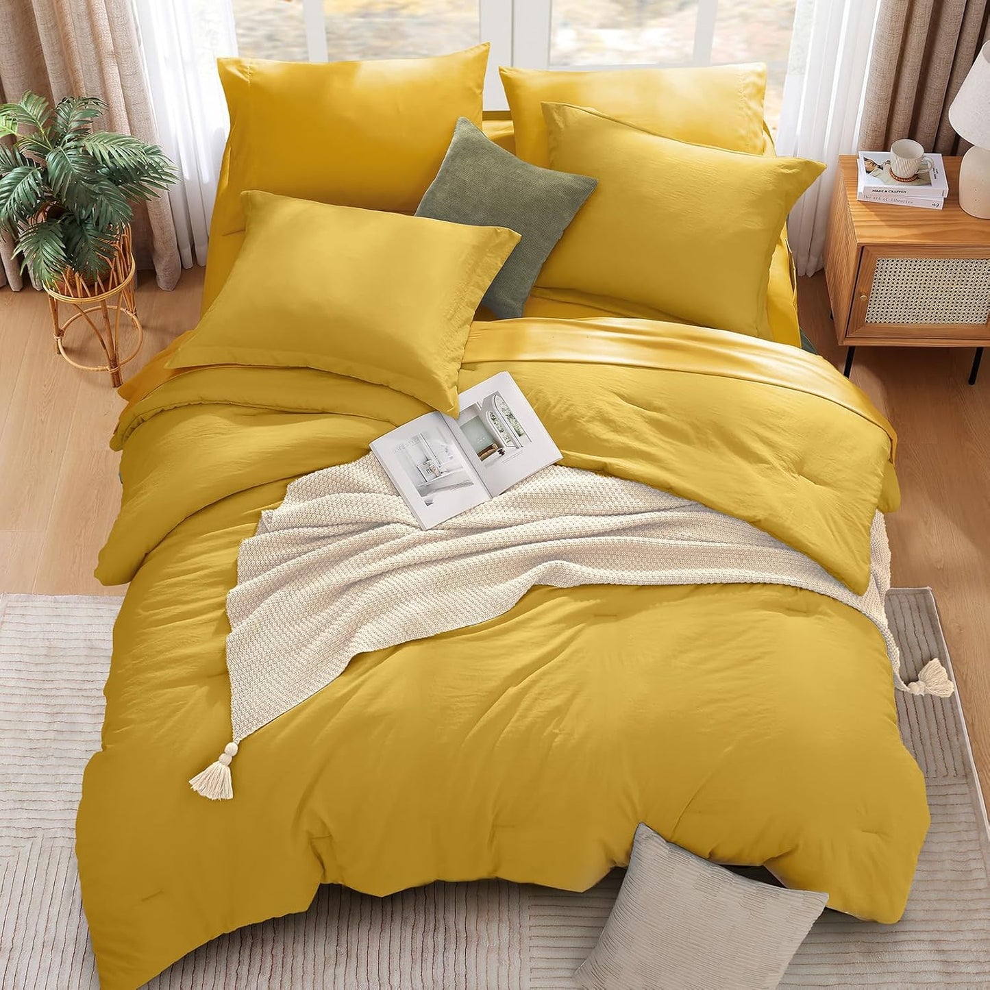 Queen Comforter Set-7 Pieces Soft Prewashed Bed in a Bag Queen Bedding Sets | All Season Comforter with Sheets, Pillow Shams & Pillowcases,Yellow