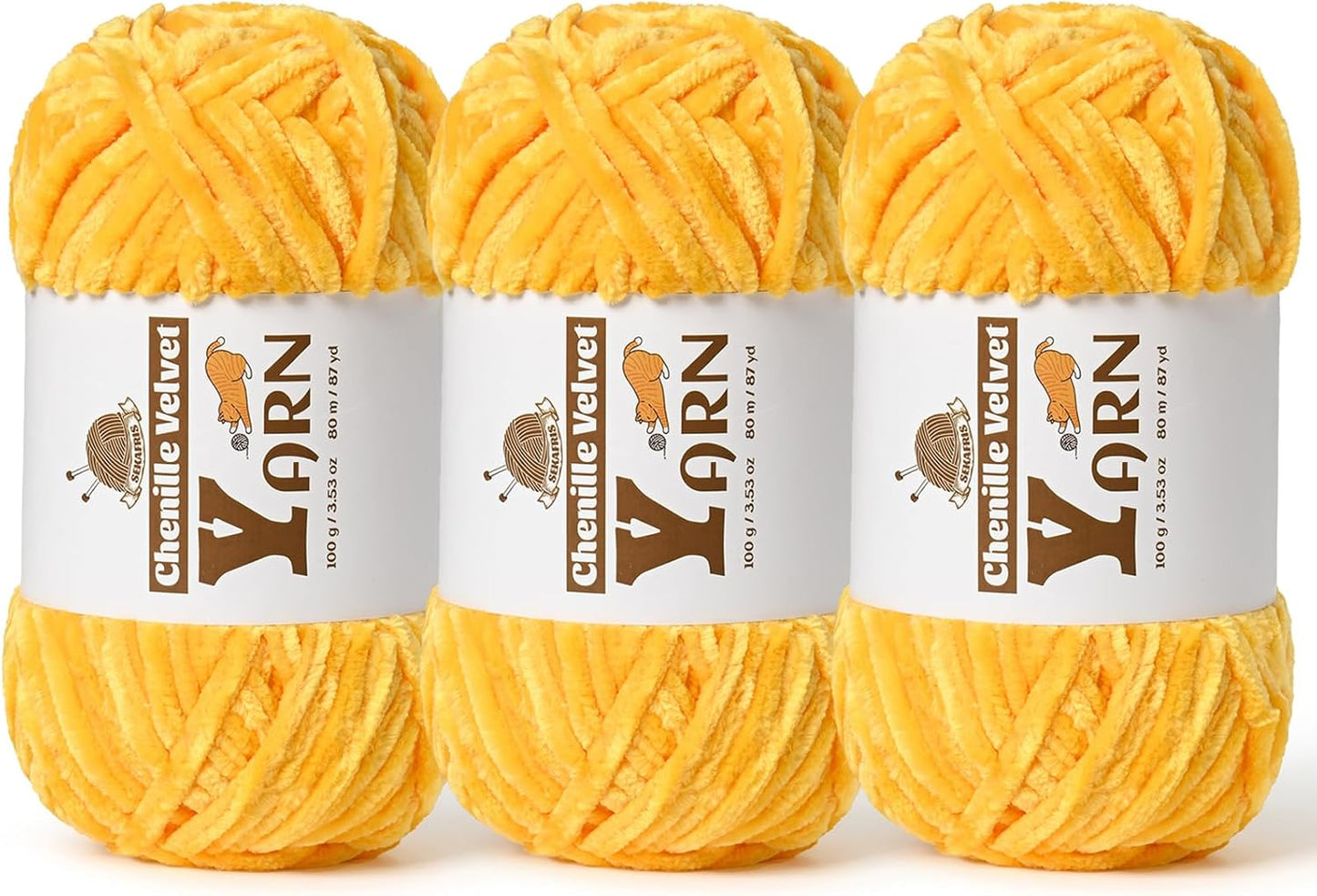 Chenille Crochet Golden Yellow Yarn 3 Pack | Fluffy Velvet Yarn Blanket Knitting Yarn for Crocheting Soft Baby Yarn