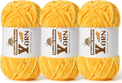 Chenille Crochet Golden Yellow Yarn 3 Pack | Fluffy Velvet Yarn Blanket Knitting Yarn for Crocheting Soft Baby Yarn