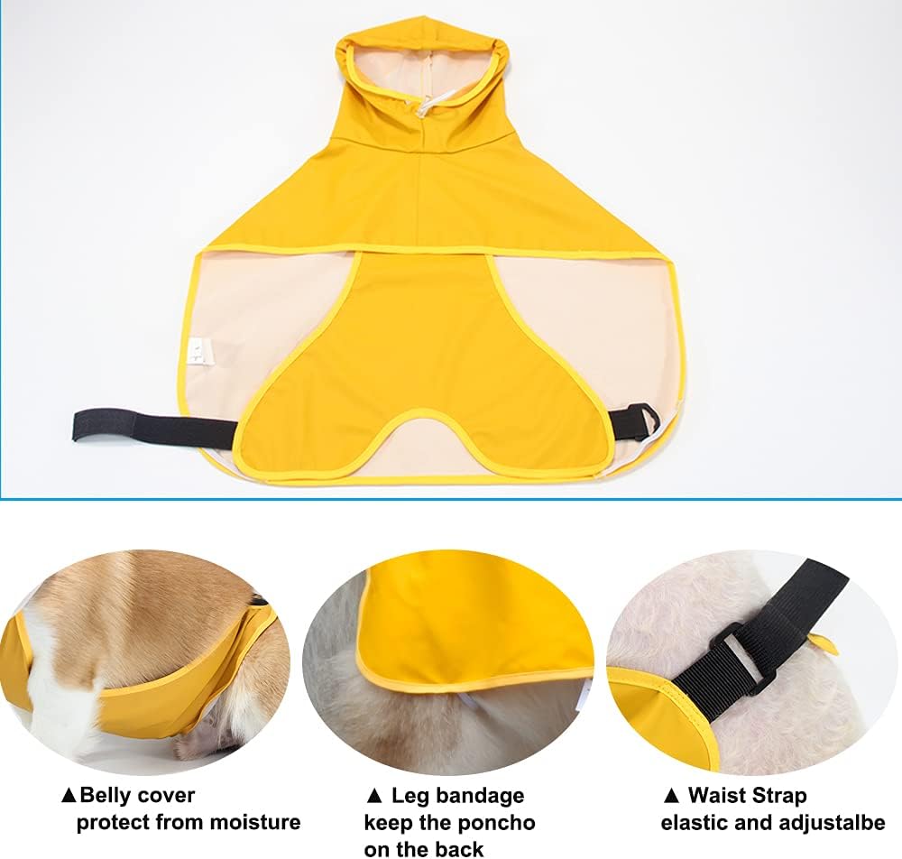 Waterproof Dog Raincoat Hooded Poncho for Large Dogs Yellow L-XXL | waterproof polyester, adjustable hood with buckle, leash-friendly harness opening, lightweight & portable for travel