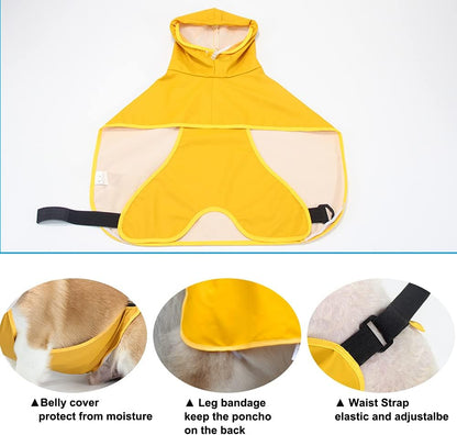 Waterproof Dog Raincoat Hooded Poncho for Large Dogs Yellow L-XXL | waterproof polyester, adjustable hood with buckle, leash-friendly harness opening, lightweight & portable for travel
