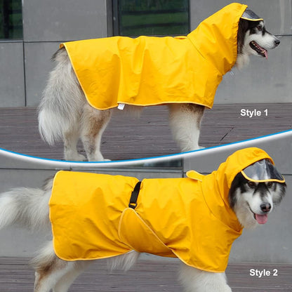 Waterproof Dog Raincoat Hooded Poncho for Large Dogs Yellow L-XXL | waterproof polyester, adjustable hood with buckle, leash-friendly harness opening, lightweight & portable for travel