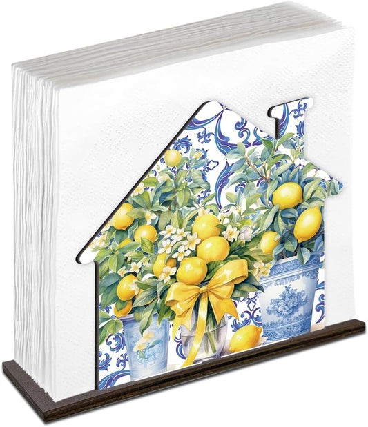 Summer Lemon Napkin Holder for Table Decor Mediterranean Italian Tuscan Lemon Wooden Napkin Holder for Home Kitchen Dining Room Decoration