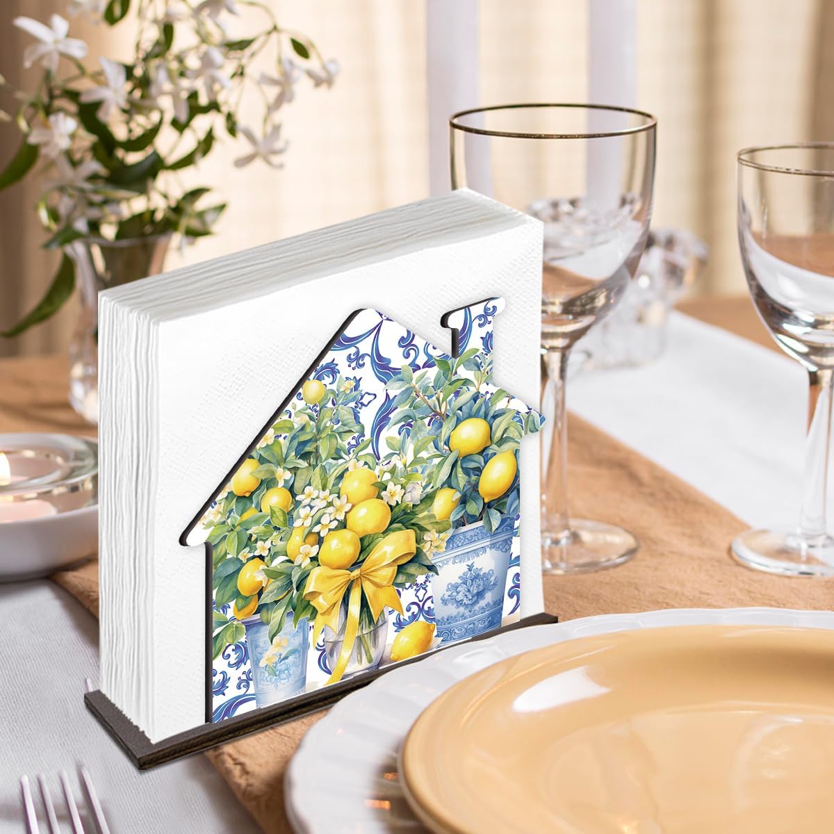 Summer Lemon Napkin Holder for Table Decor Mediterranean Italian Tuscan Lemon Wooden Napkin Holder for Home Kitchen Dining Room Decoration