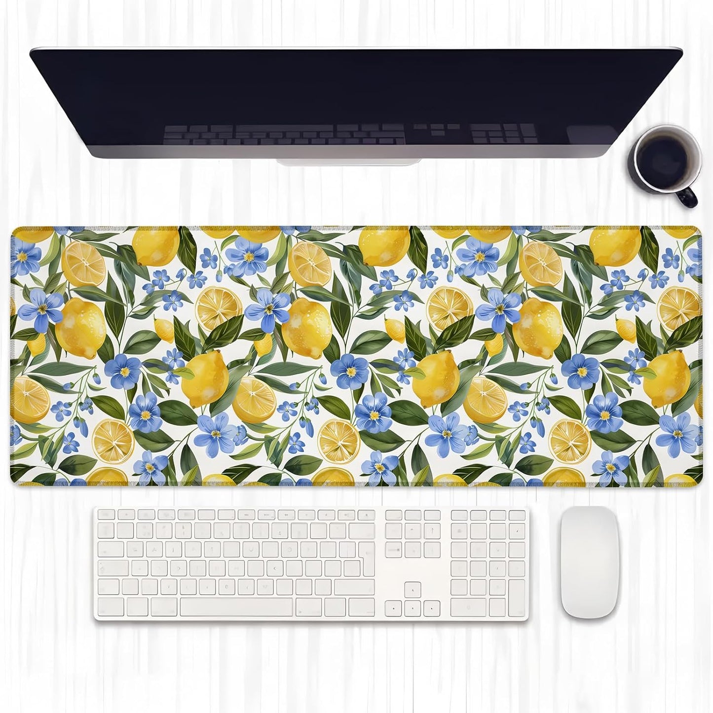 Lemon Floral Gaming Mouse Pad, Extended Yellow Lemons and Blue Flowers Desk Mat Computer Laptop Mousepad, Robust Stitched Edges, 31.5"×11.8" Large Office Keyboard Mouse Pads for Desktop Decor