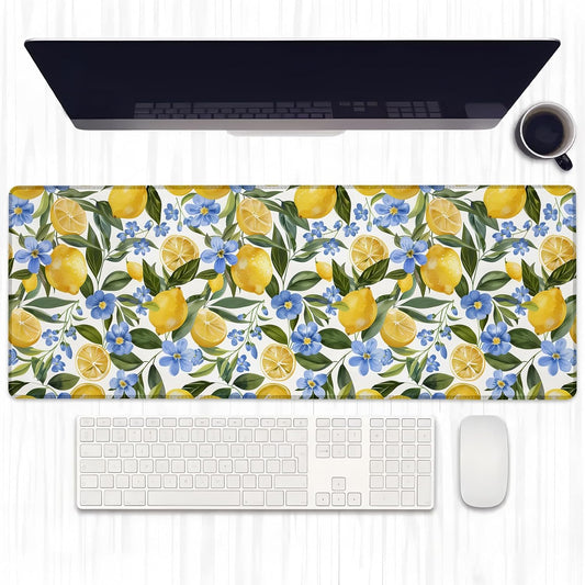 Lemon Floral Gaming Mouse Pad, Extended Yellow Lemons and Blue Flowers Desk Mat Computer Laptop Mousepad, Robust Stitched Edges, 31.5"×11.8" Large Office Keyboard Mouse Pads for Desktop Decor