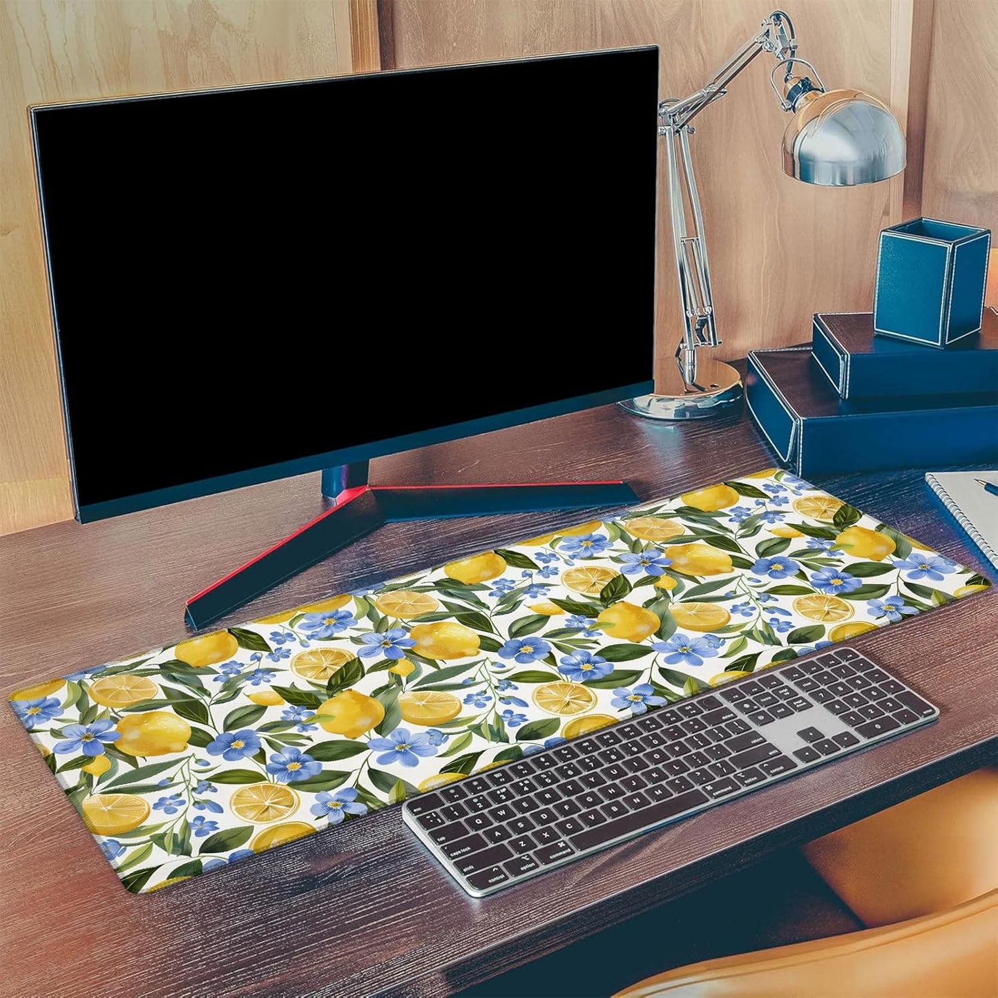 Lemon Floral Gaming Mouse Pad, Extended Yellow Lemons and Blue Flowers Desk Mat Computer Laptop Mousepad, Robust Stitched Edges, 31.5"×11.8" Large Office Keyboard Mouse Pads for Desktop Decor