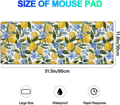 Lemon Floral Gaming Mouse Pad, Extended Yellow Lemons and Blue Flowers Desk Mat Computer Laptop Mousepad, Robust Stitched Edges, 31.5"×11.8" Large Office Keyboard Mouse Pads for Desktop Decor