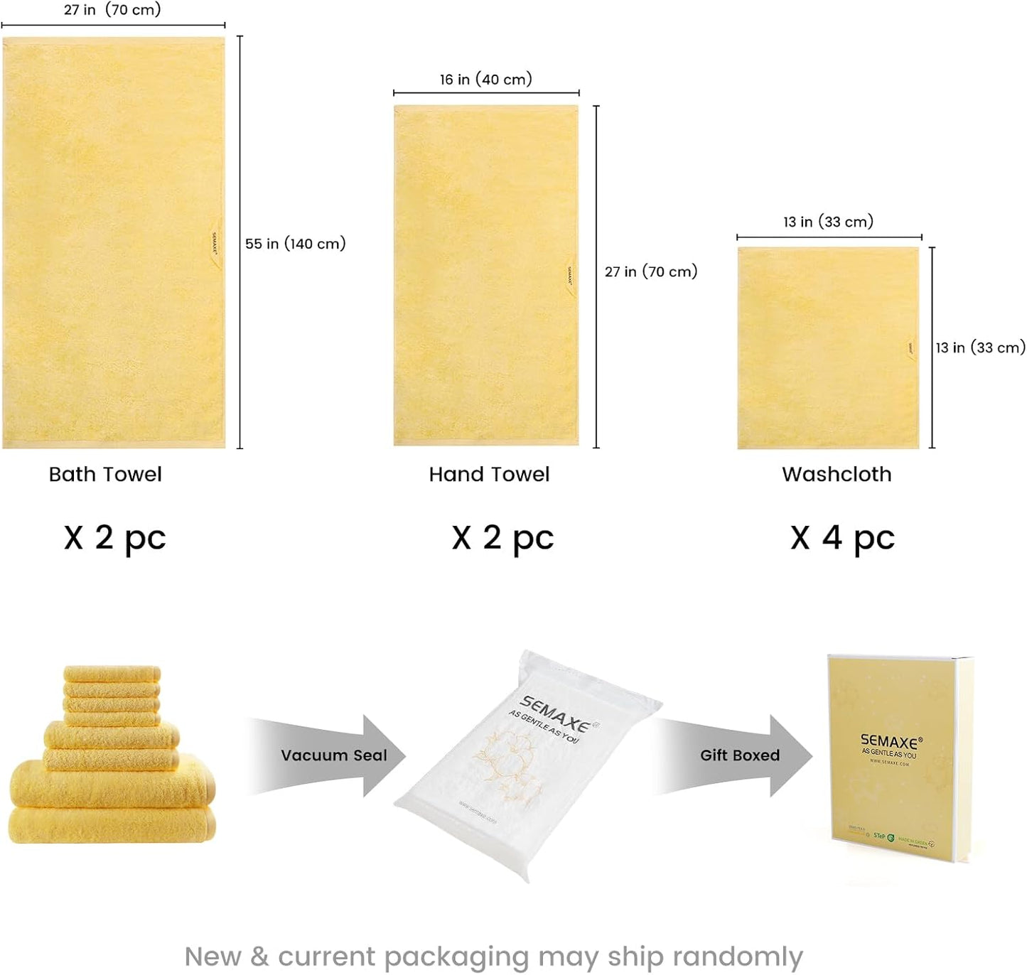 8-Piece Cotton Bath Towel Set with Hanging Loops for Bathroom, Yellow | Complete starter set for daily showers, sink-side use, small bathrooms, and guest baths, OEKO-TEX certified, easy care