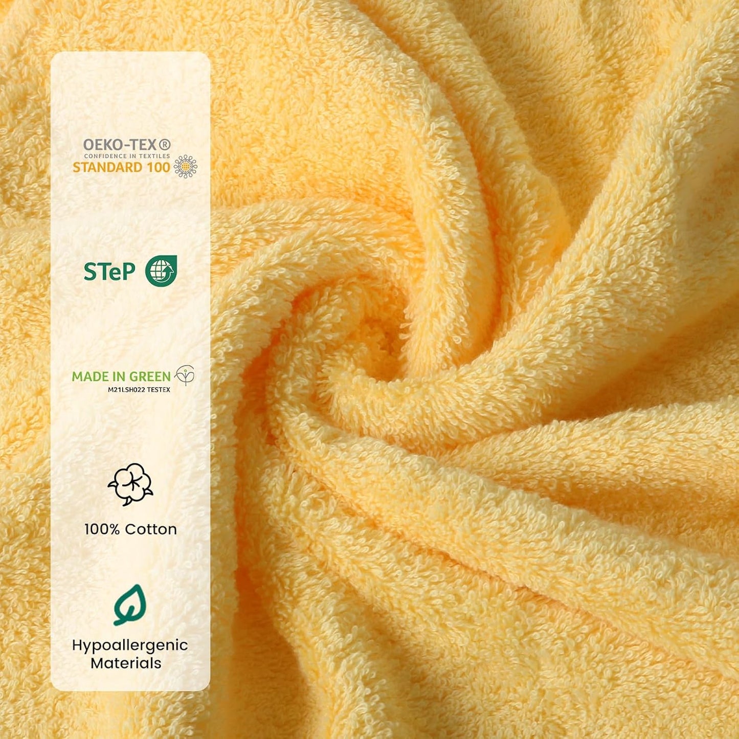8-Piece Cotton Bath Towel Set with Hanging Loops for Bathroom, Yellow | Complete starter set for daily showers, sink-side use, small bathrooms, and guest baths, OEKO-TEX certified, easy care