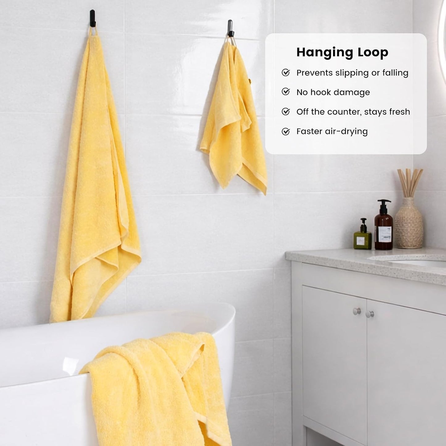 8-Piece Cotton Bath Towel Set with Hanging Loops for Bathroom, Yellow | Complete starter set for daily showers, sink-side use, small bathrooms, and guest baths, OEKO-TEX certified, easy care