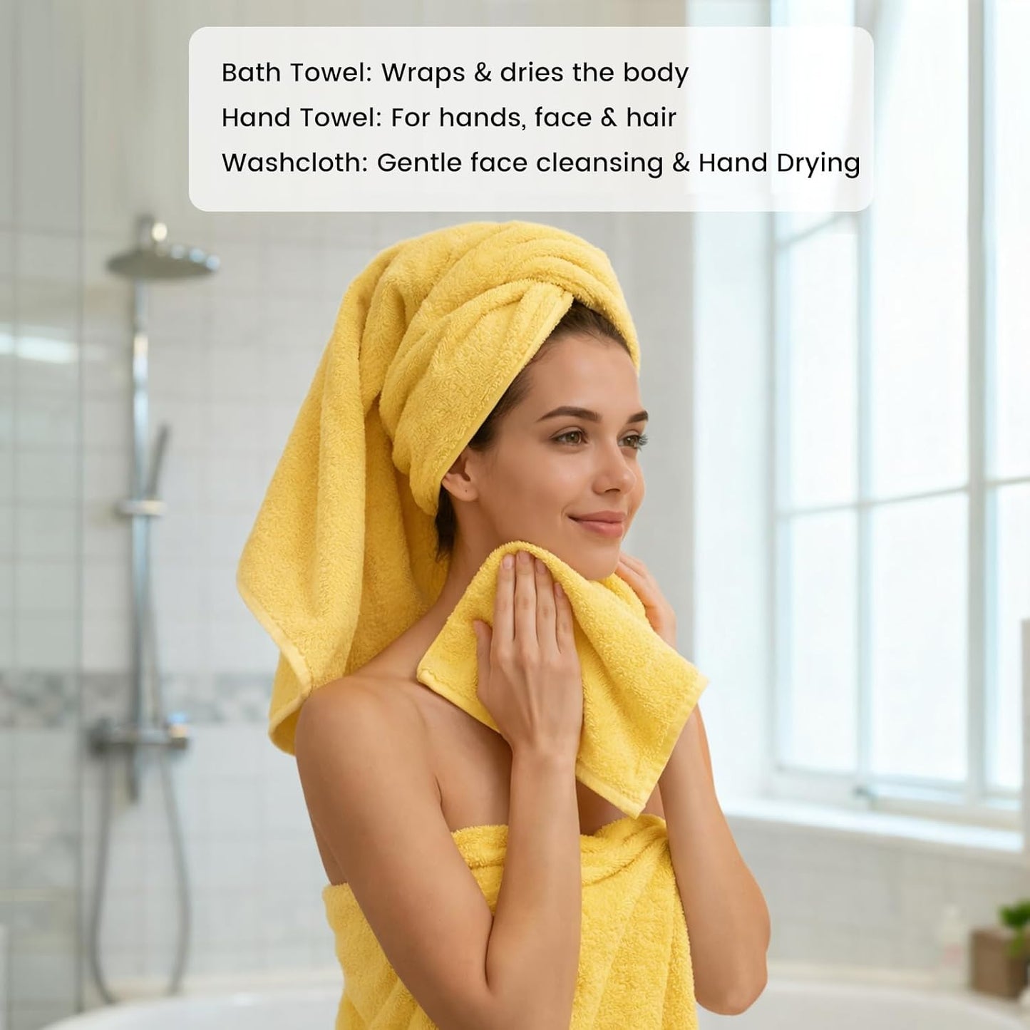 8-Piece Cotton Bath Towel Set with Hanging Loops for Bathroom, Yellow | Complete starter set for daily showers, sink-side use, small bathrooms, and guest baths, OEKO-TEX certified, easy care