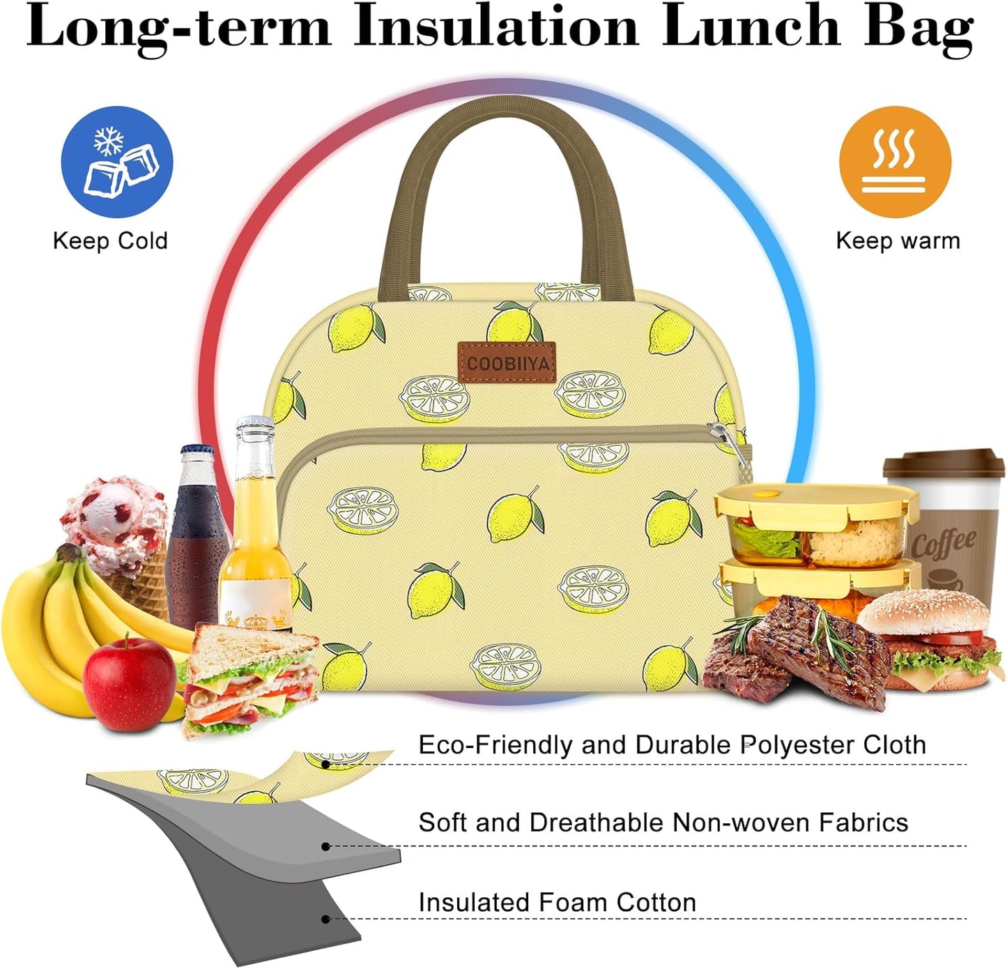 Lunch Bag for Women Men, Cute Lunch Tote Bags Insulated Reusable LunchBox Large Capacity Cooler Bag for Work Travel Picnic Green white
