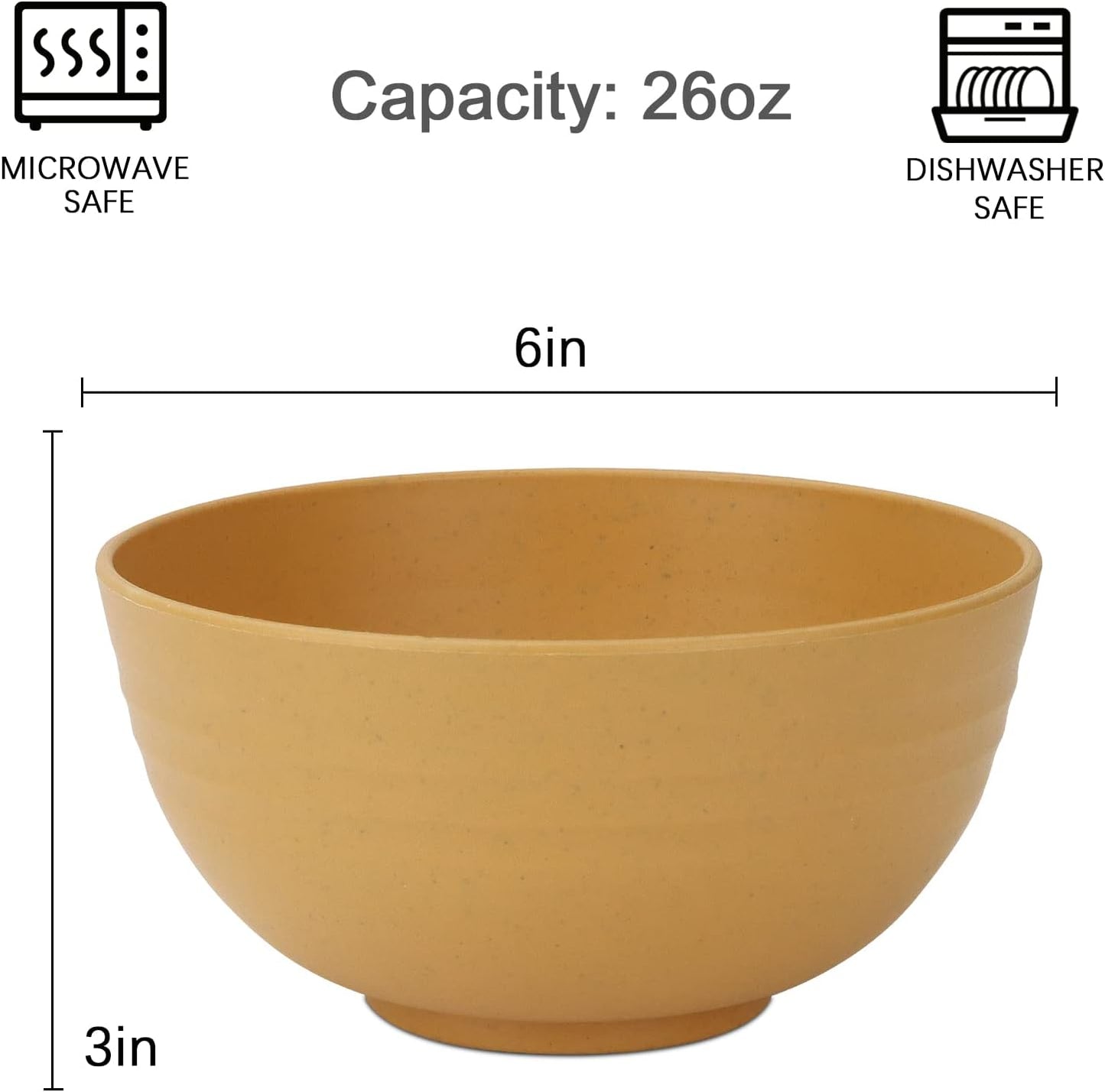 Unbreakable Cereal Bowls, Wheat Straw Bowl Set 8 PCS, Microwave and Dishwasher Safe Bowl for Soup, Cereal, Salad, Snack, Rice, Reusable Plastic Bowls for Kitchen, RV, Gathering (Yellow,26 OZ)