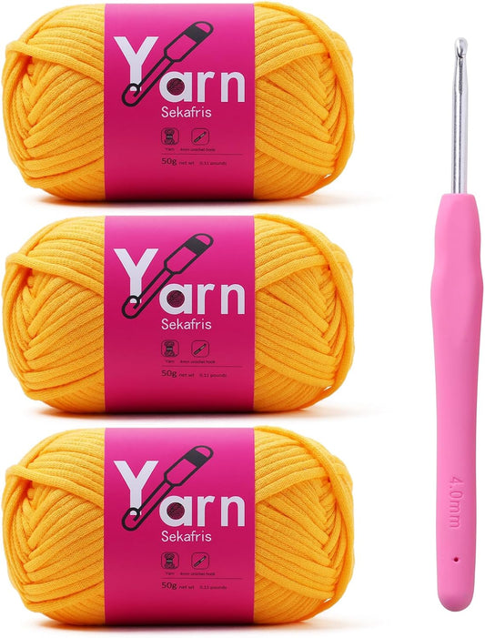 Crochet Yarn 150g/163.5yds Cotton Yarn for Crocheting - Beginner-Friendly with Easy-to-See Stitches - Chunky Cotton-Nylon Blend (Golden Yellow)