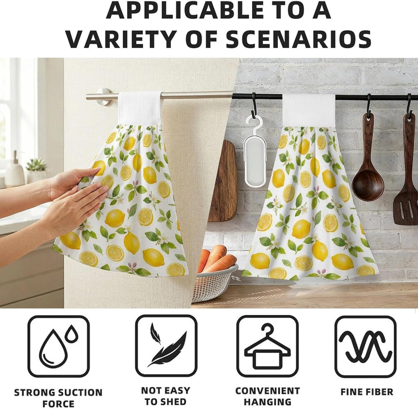 Lemon Kitchen Hand Towels with Hanging Loops Absorbent Dish Towel, Drying Hanging Towels for Home Kitchen Bathroom