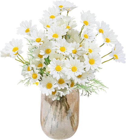 Artificial Daisy Flowers 12Pcs Artificial Flowers Silk Daisies with Stems Real Look for Home Wedding Garden Vase Decor (White+Yellow)