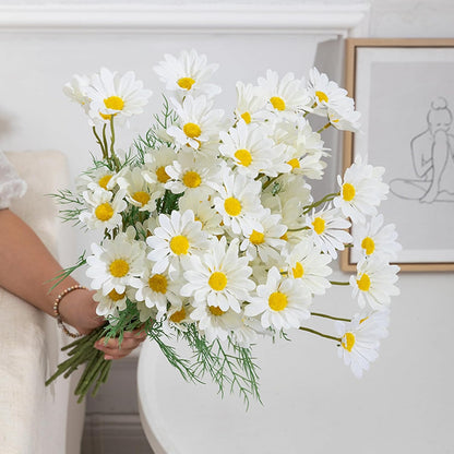 Artificial Daisy Flowers 12Pcs Artificial Flowers Silk Daisies with Stems Real Look for Home Wedding Garden Vase Decor (White+Yellow)