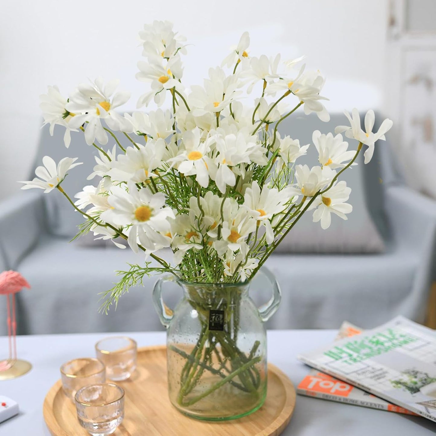 Artificial Daisy Flowers 12Pcs Artificial Flowers Silk Daisies with Stems Real Look for Home Wedding Garden Vase Decor (White+Yellow)