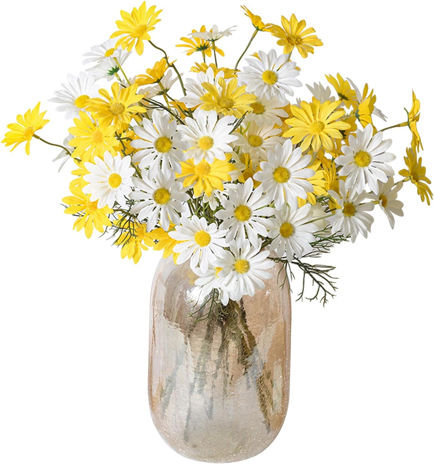 Artificial Daisy Flowers 12Pcs Artificial Flowers Silk Daisies with Stems Real Look for Home Wedding Garden Vase Decor (White+Yellow)