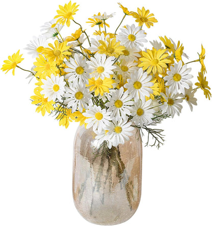 Artificial Daisy Flowers 12Pcs Artificial Flowers Silk Daisies with Stems Real Look for Home Wedding Garden Vase Decor (White+Yellow)