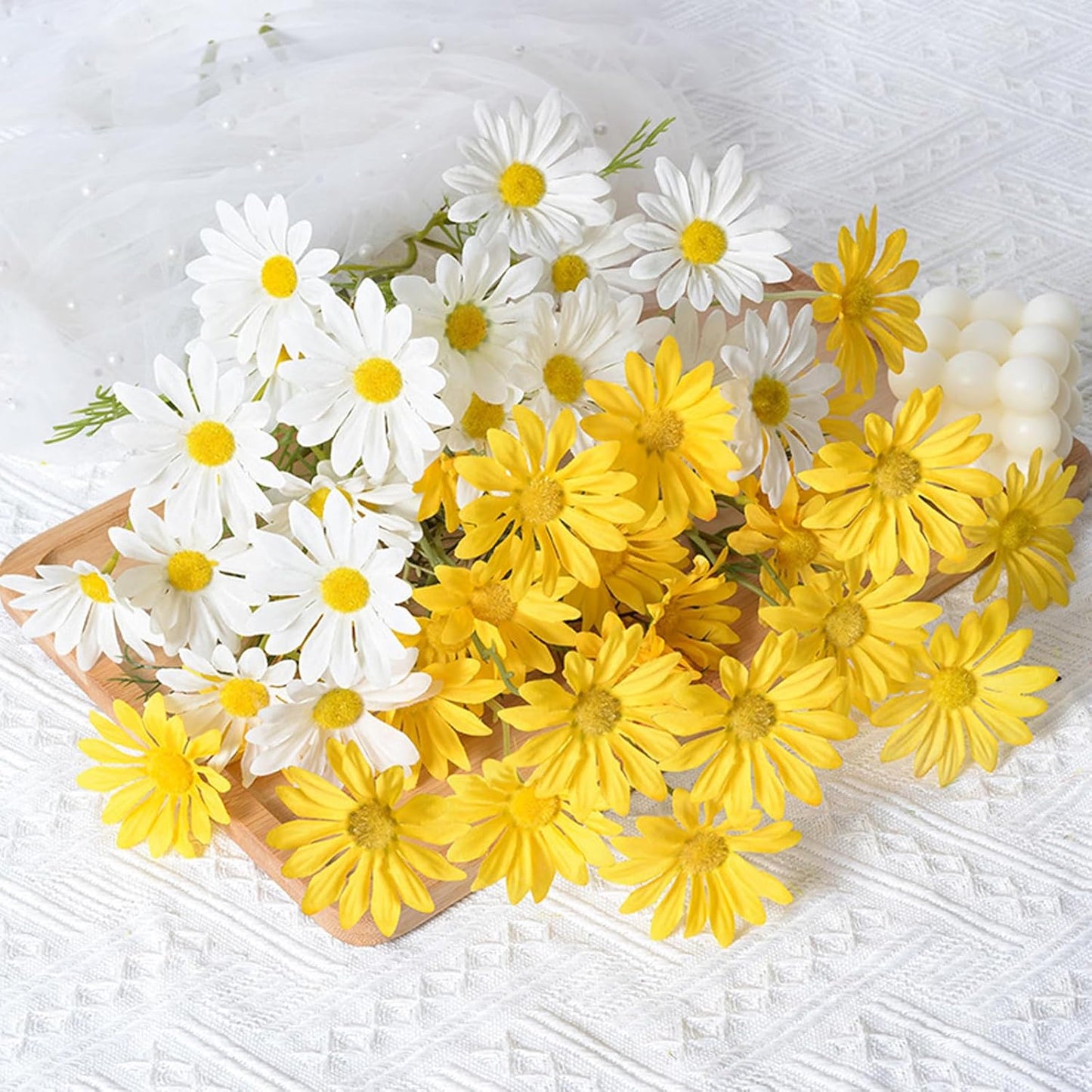 Artificial Daisy Flowers 12Pcs Artificial Flowers Silk Daisies with Stems Real Look for Home Wedding Garden Vase Decor (White+Yellow)