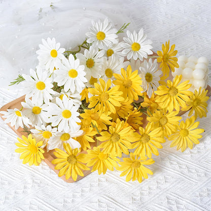 Artificial Daisy Flowers 12Pcs Artificial Flowers Silk Daisies with Stems Real Look for Home Wedding Garden Vase Decor (White+Yellow)