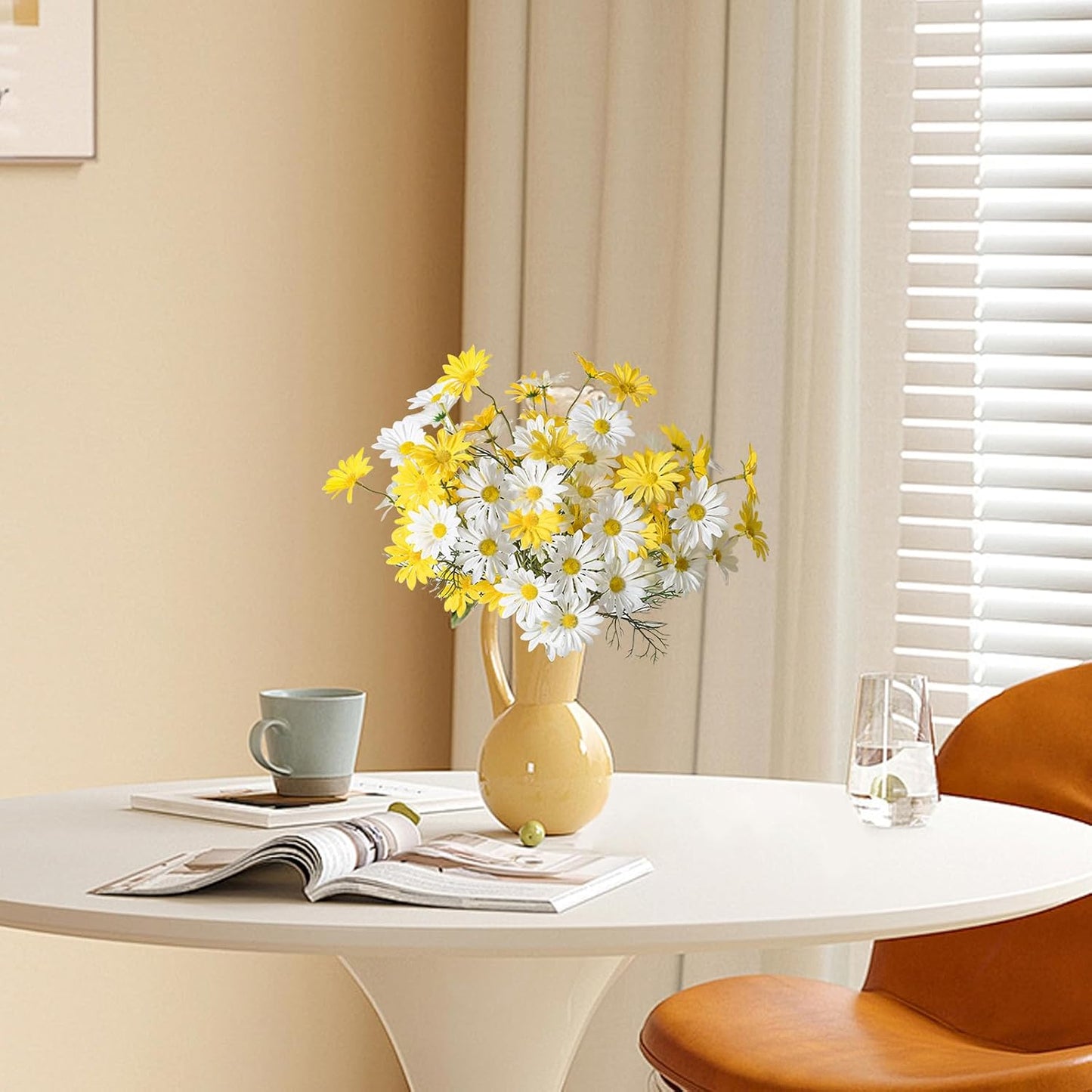 Artificial Daisy Flowers 12Pcs Artificial Flowers Silk Daisies with Stems Real Look for Home Wedding Garden Vase Decor (White+Yellow)