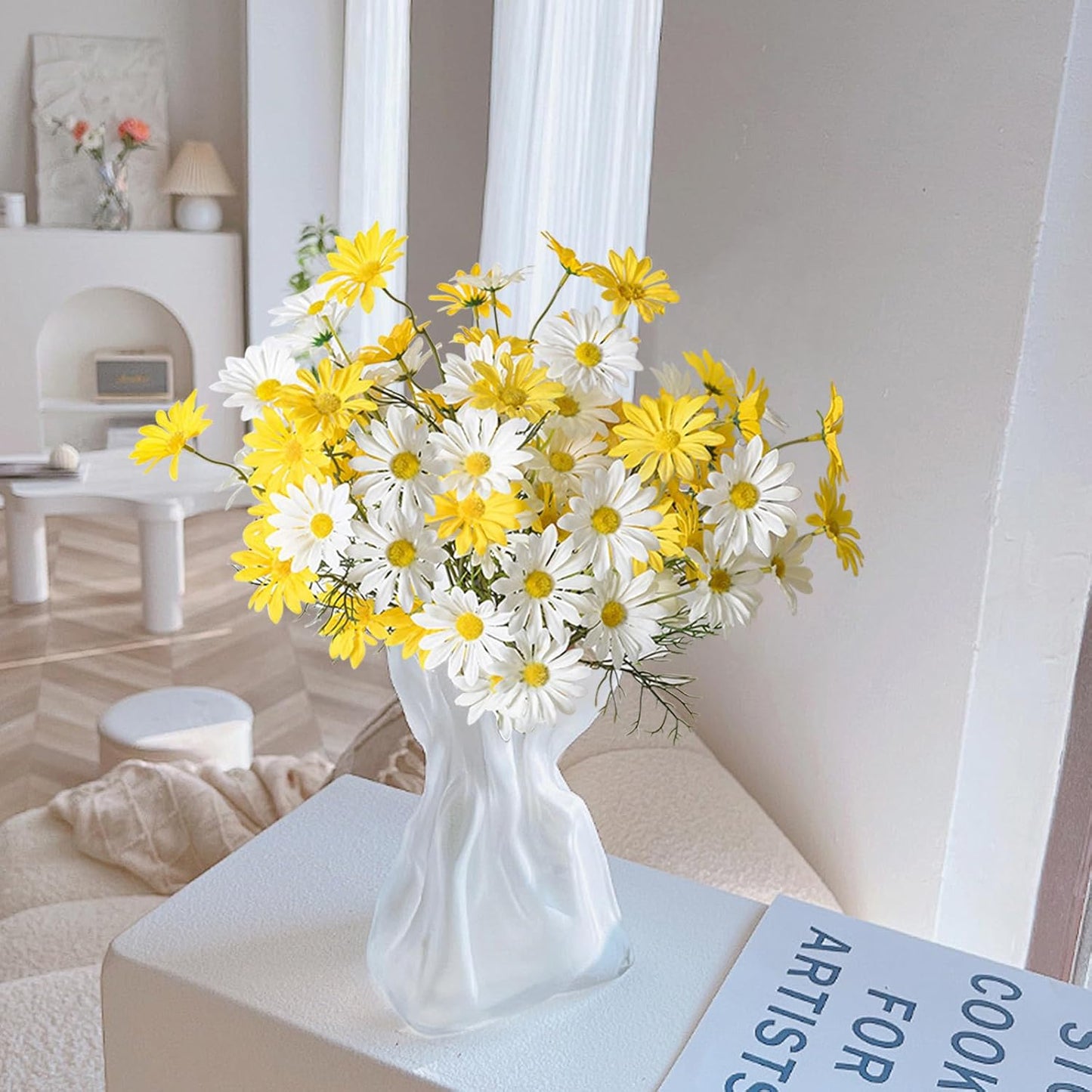 Artificial Daisy Flowers 12Pcs Artificial Flowers Silk Daisies with Stems Real Look for Home Wedding Garden Vase Decor (White+Yellow)