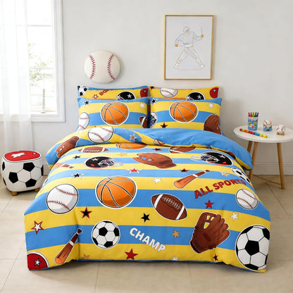 Kids Basketball Comforter Set Full Size, Sports Themed Bedding Set with Blue Yellow Stripe for Teens Boys, 3 Pieces Soft Lightweight Summer Comforter with 2 Pillowcases/79 * 90