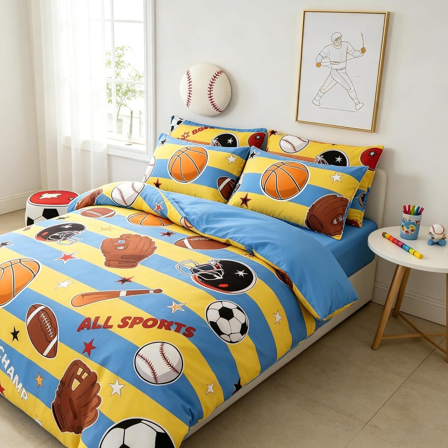 Kids Basketball Comforter Set Full Size, Sports Themed Bedding Set with Blue Yellow Stripe for Teens Boys, 3 Pieces Soft Lightweight Summer Comforter with 2 Pillowcases/79 * 90