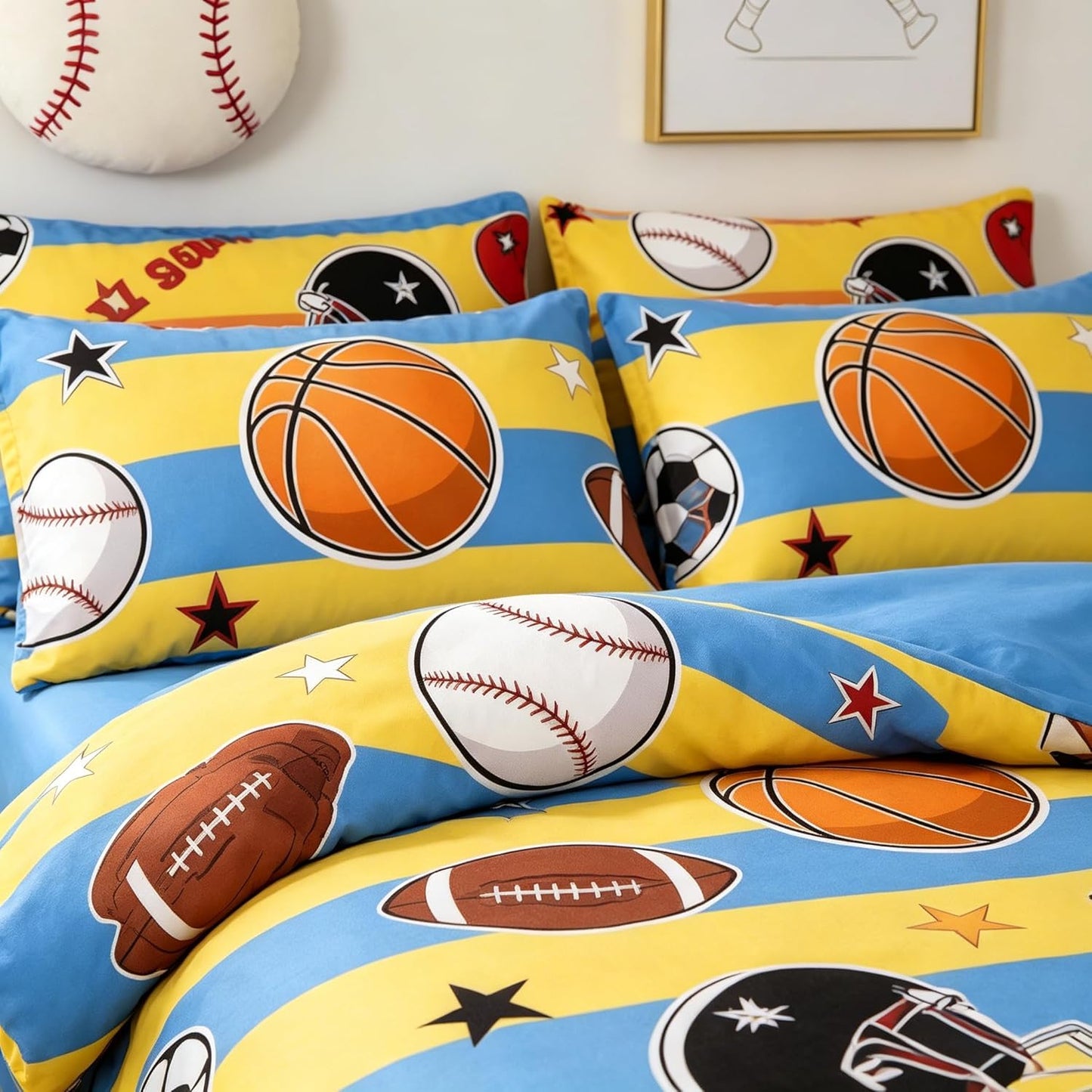 Kids Basketball Comforter Set Full Size, Sports Themed Bedding Set with Blue Yellow Stripe for Teens Boys, 3 Pieces Soft Lightweight Summer Comforter with 2 Pillowcases/79 * 90