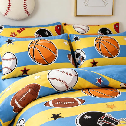 Kids Basketball Comforter Set Full Size, Sports Themed Bedding Set with Blue Yellow Stripe for Teens Boys, 3 Pieces Soft Lightweight Summer Comforter with 2 Pillowcases/79 * 90