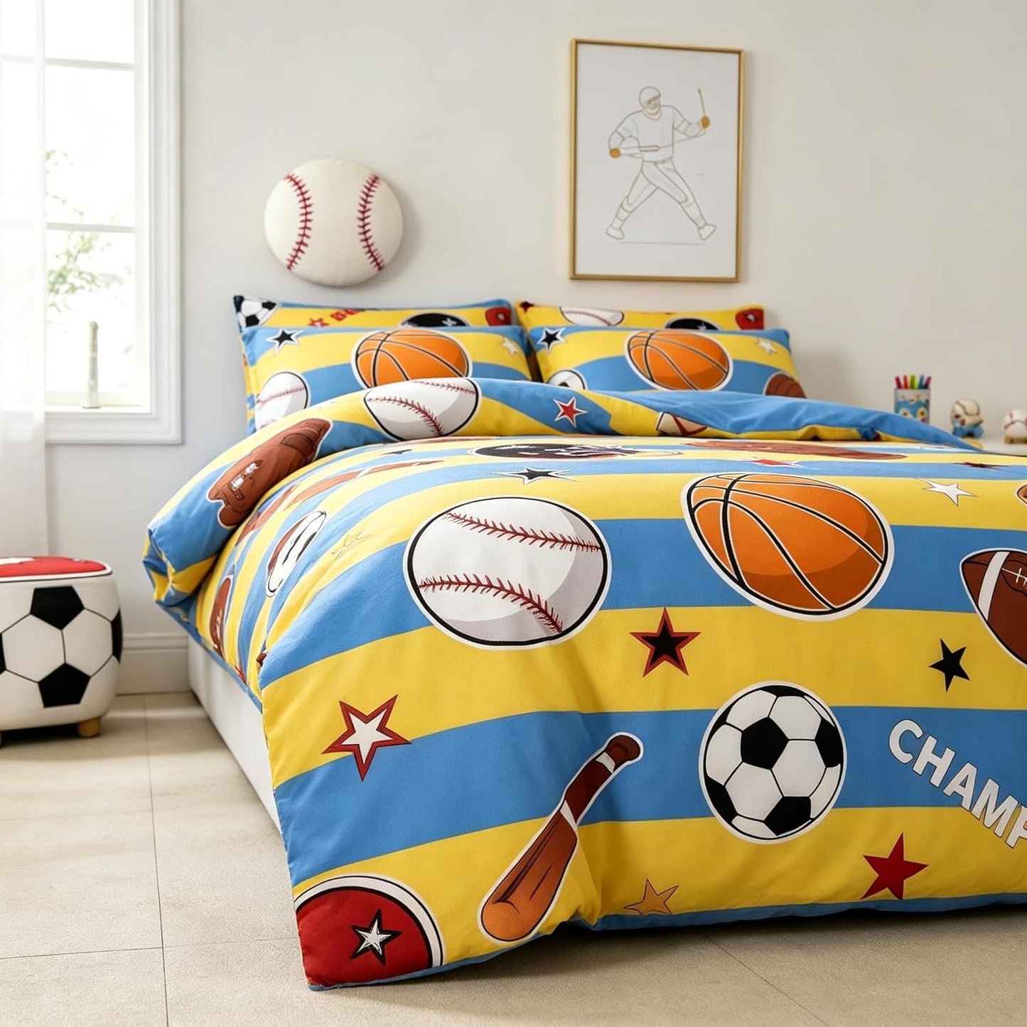 Kids Basketball Comforter Set Full Size, Sports Themed Bedding Set with Blue Yellow Stripe for Teens Boys, 3 Pieces Soft Lightweight Summer Comforter with 2 Pillowcases/79 * 90