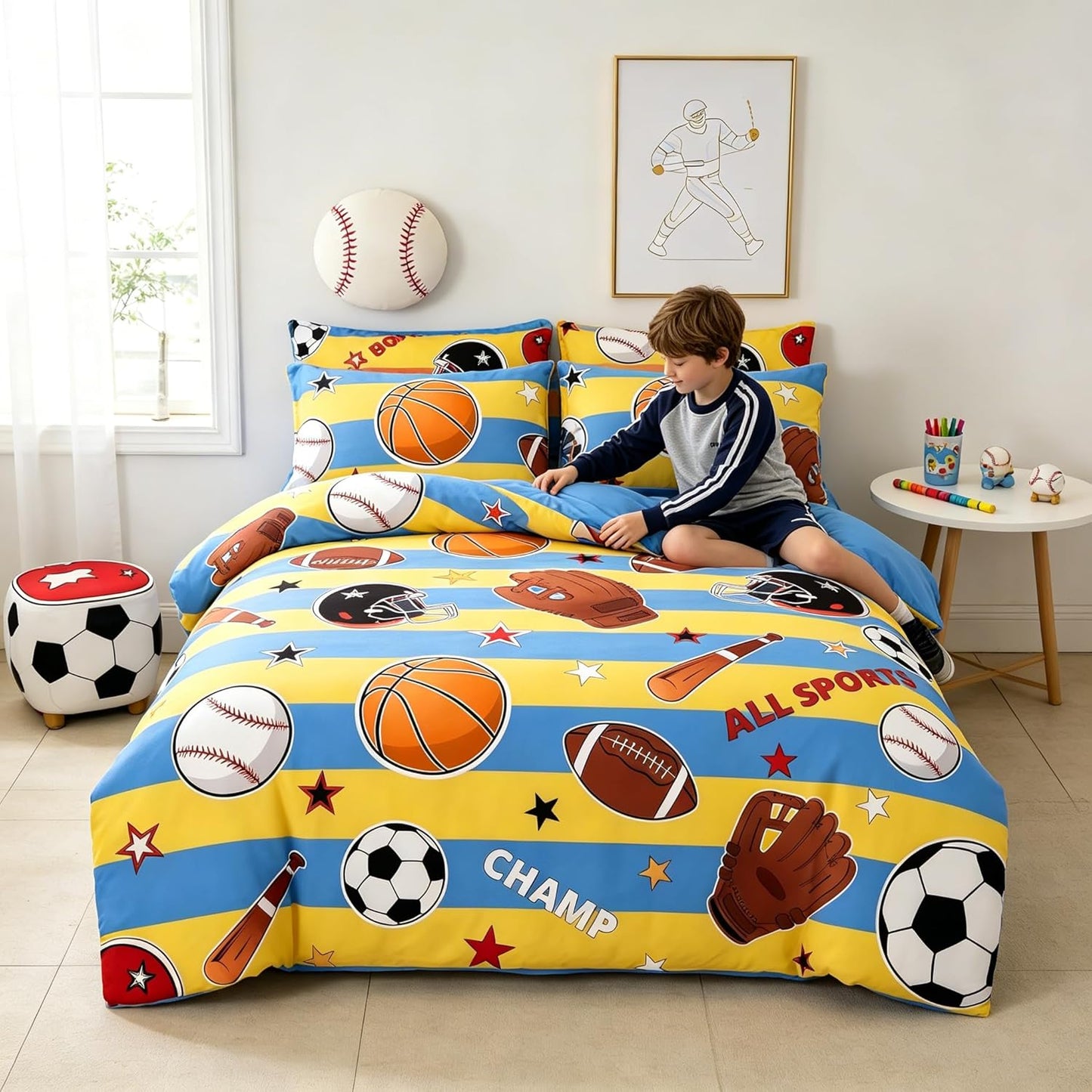Kids Basketball Comforter Set Full Size, Sports Themed Bedding Set with Blue Yellow Stripe for Teens Boys, 3 Pieces Soft Lightweight Summer Comforter with 2 Pillowcases/79 * 90