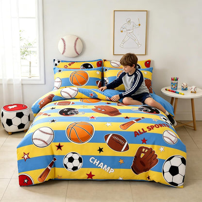 Kids Basketball Comforter Set Full Size, Sports Themed Bedding Set with Blue Yellow Stripe for Teens Boys, 3 Pieces Soft Lightweight Summer Comforter with 2 Pillowcases/79 * 90
